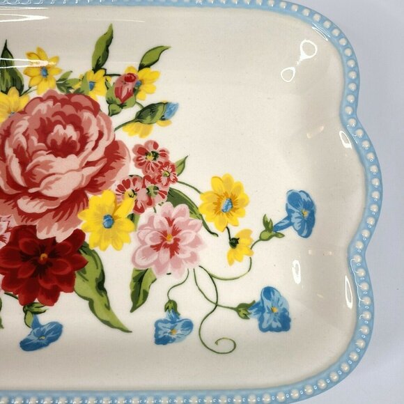 Pioneer Woman Serving Platter Sweet Rose Floral 14.17" Ceramic Tray Blue White - Picture 5 of 9